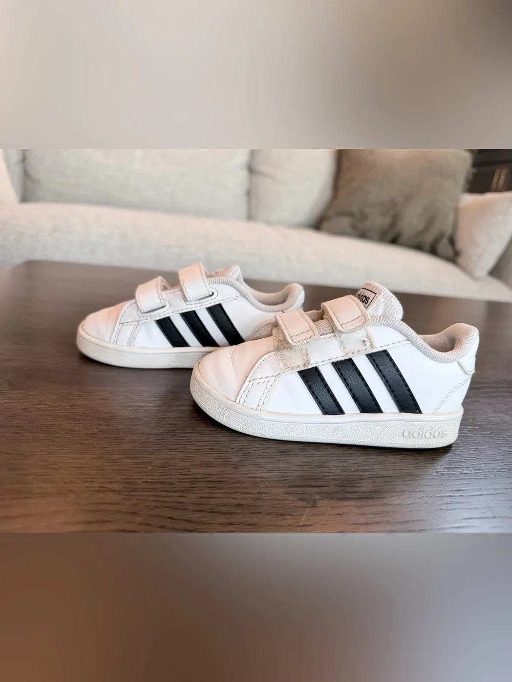 6K Adidas White and Black Kids Velcro Sneakers